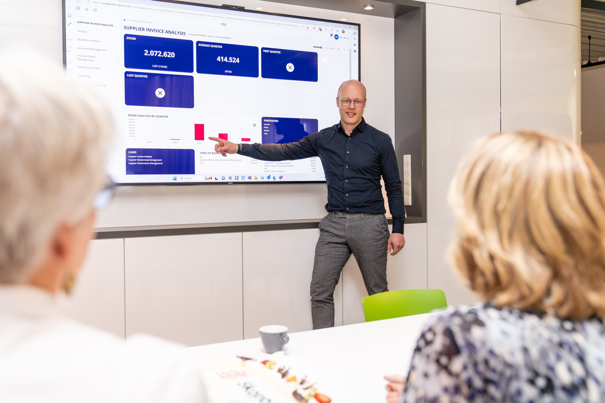 Een consultant legt bij een groot scherm de digitale transitie en toekomstige koers van de organisatie uit.