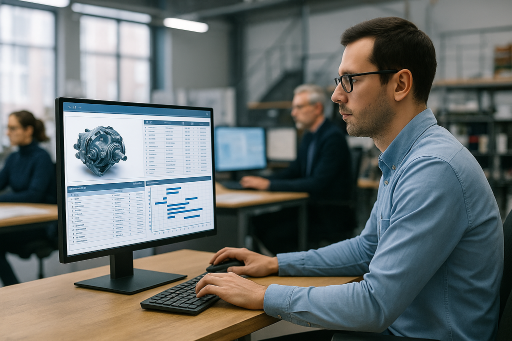 Engineer werkt op kantoor met PLM-software waarop een 3D-model, productgegevens en planning te zien zijn.