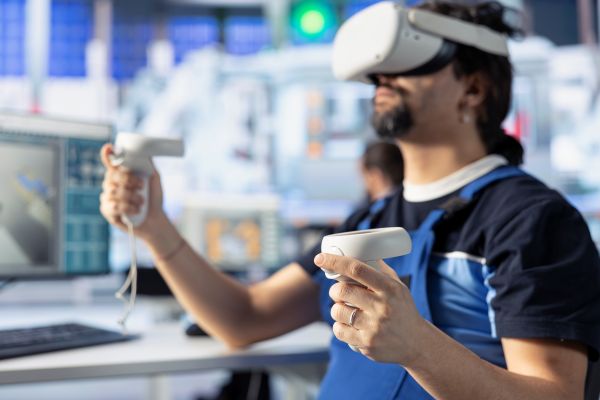 Medewerker in industriële omgeving gebruikt VR-bril voor digitale productontwikkeling