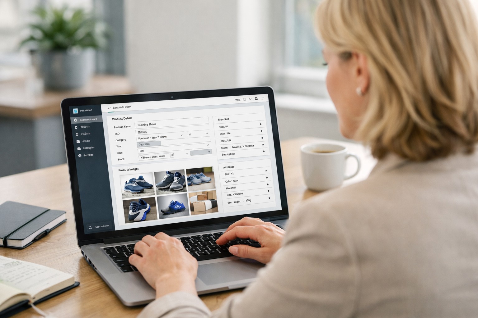 Medewerker werkt in een modern kantoor met een PIM/DAM-systeem op haar laptop waarin productdata en afbeeldingen worden beheerd.