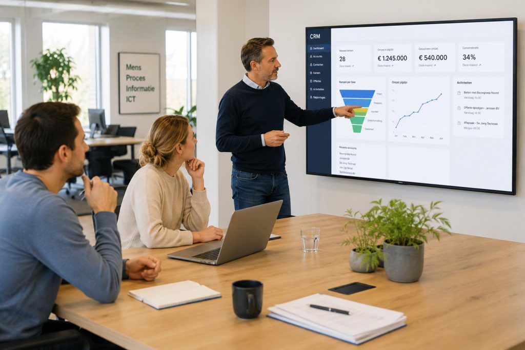 CRM-dashboard besproken tijdens overleg over CRM-selectie voor handelsbedrijven