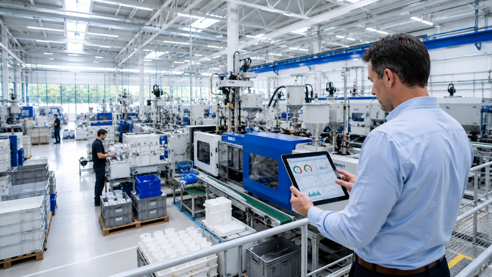 Productiemanager bekijkt realtime MES-data op een tablet in een moderne kunststofproductiefabriek met spuitgietmachines en geautomatiseerde productielijnen.