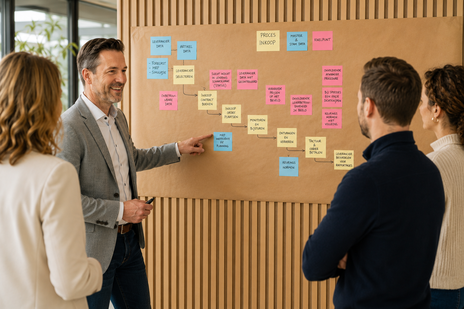 Adviseur bespreekt samen met een projectteam een bedrijfsproces op een brownpaper als basis voor de selectie van bedrijfssoftware.