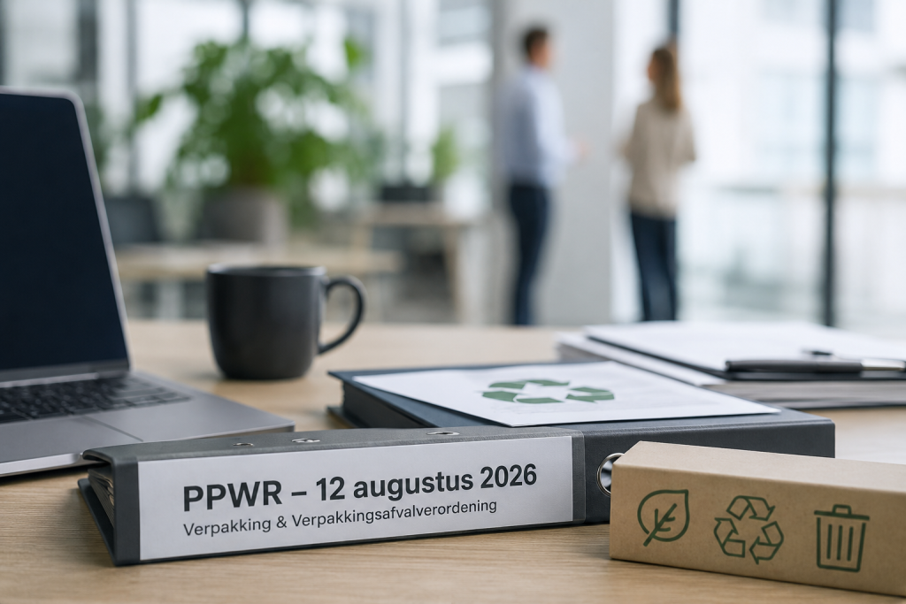 Map met PPWR-documentatie en duurzame verpakkingen op een kantoorwerkplek.