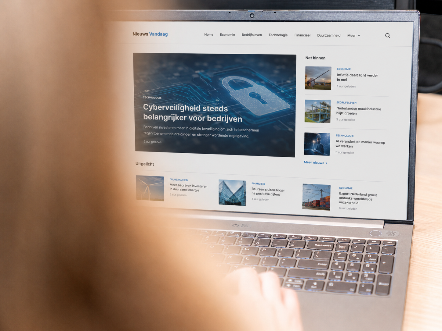 Laptop met een nieuwswebsite waarop een artikel over cyberveiligheid voor bedrijven wordt getoond.
