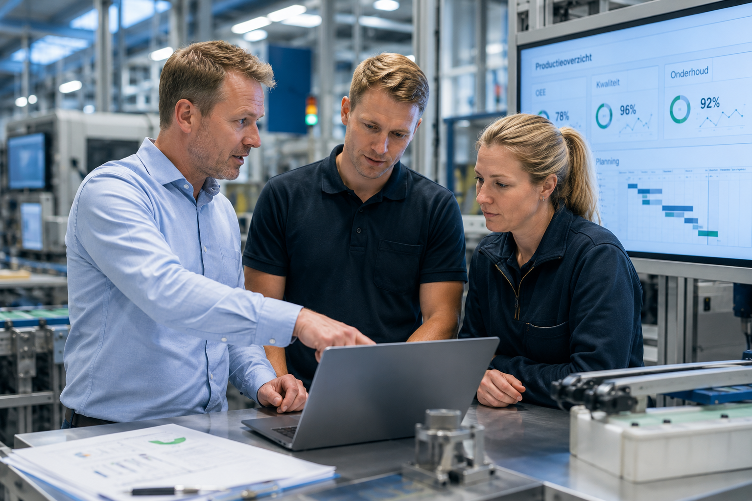 Adviseur bespreekt MOMS-selectie met productiemedewerkers in een moderne productieomgeving